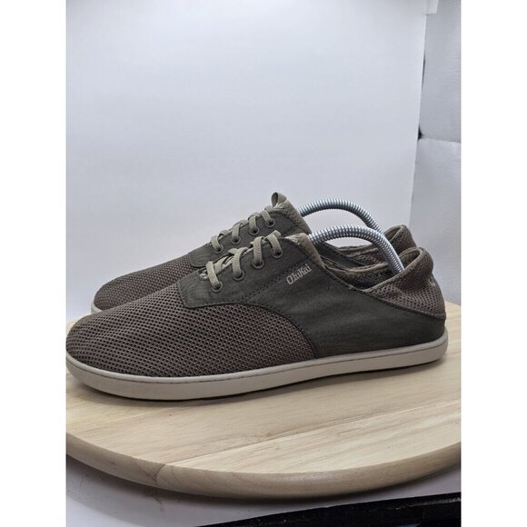 OluKai Nohea Moku Shoes Mens Sz 8.5 Green Brown Tan Slip On No Tie Laces Low Top - Picture 1 of 9